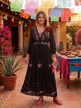 EARTHBOUND Black Maxi Dress with Pink Floral Embroidery